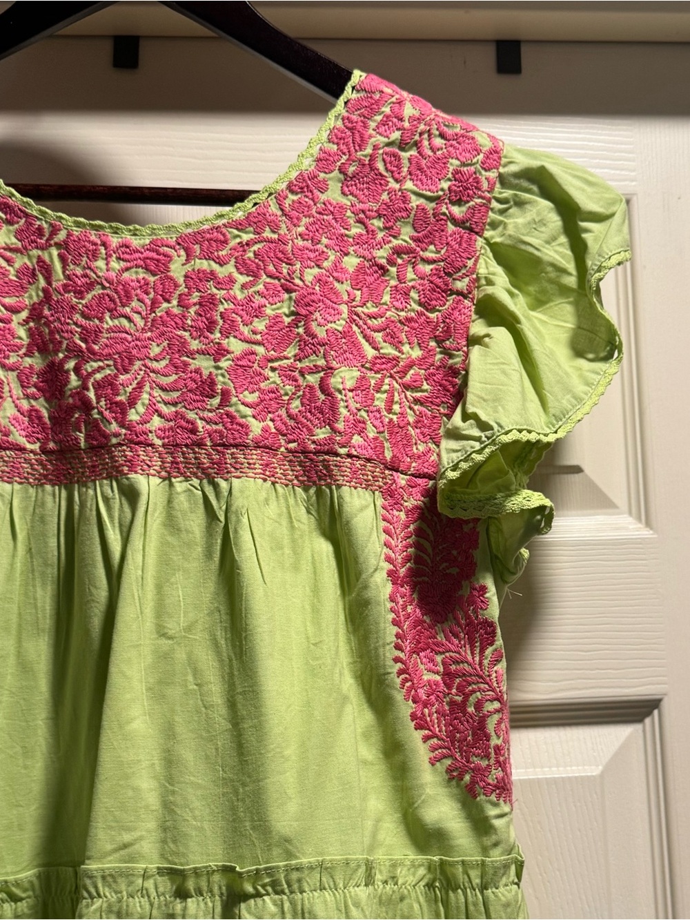J.Marie Lime Green Dress with Pink Embroidered Yoke Size Medium - Picture 3 of 6